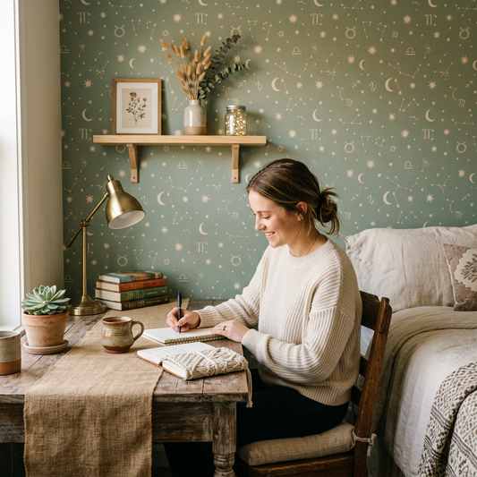 Sage Green Celestial Dorm Wallpaper: Farmhouse Style Guide