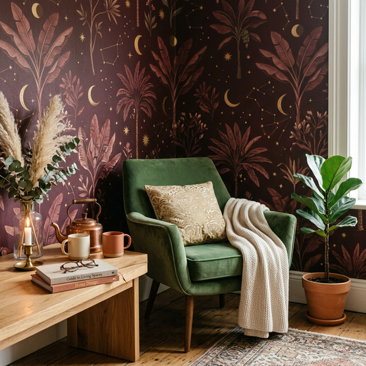 Burgundy Tropical Celestial Living Room Wallpaper Guide