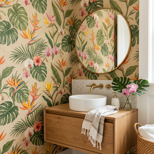 Sand Tropical Floral Powder Room Wallpaper Guide