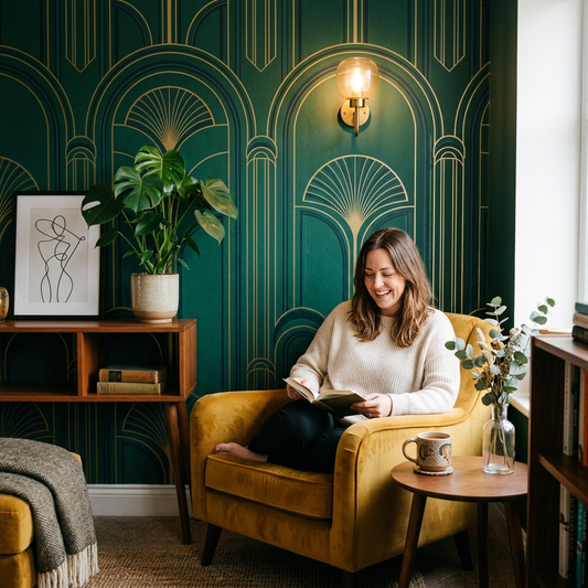 Emerald Art Deco Arch Wallpaper for Living Rooms