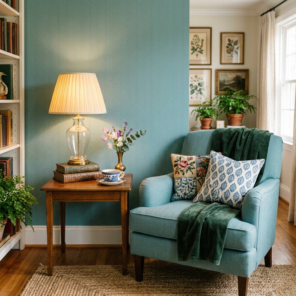Muted Teal Herringbone: The Grandmillennial Decor Guide