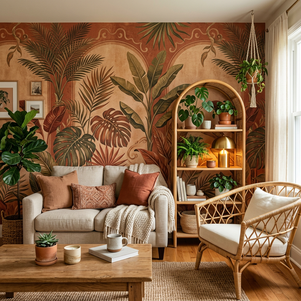 Terracotta Tropical Arch Wallpaper Ideas for Living Rooms