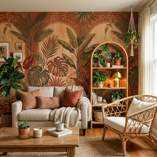 Terracotta Tropical Arch Wallpaper Ideas for Living Rooms