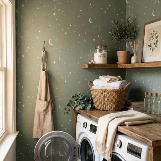 Sage Green Celestial Wallpaper for Laundry Rooms