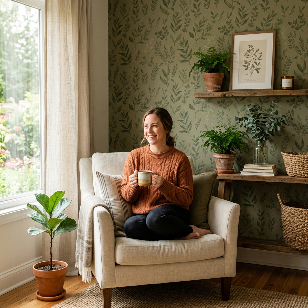 Olive Green Botanical Wallpaper: Modern Farmhouse Trend