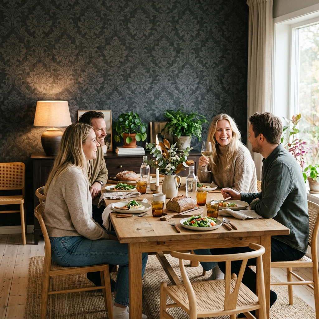 Charcoal Damask Wallpaper for Scandinavian Dining Rooms