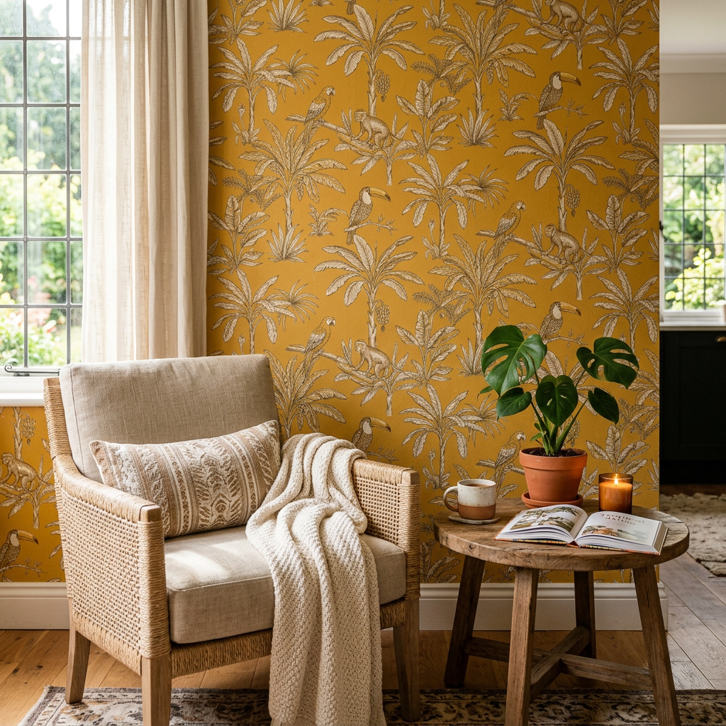 Mustard Yellow Tropical Toile Wallpaper Trends