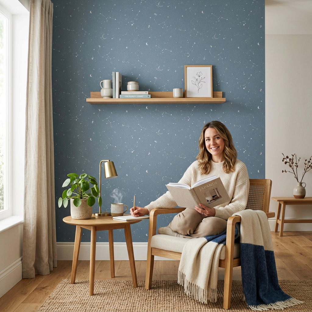 Dusty Blue Celestial Wallpaper: Japandi Design Report