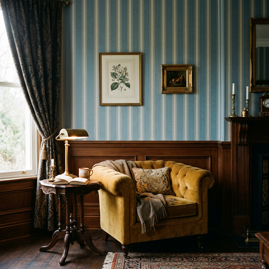 Dusty Blue Striped Wallpaper for Moody Victorian Rentals