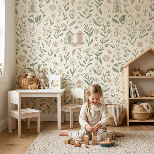 Sage Green Coastal Floral Wallpaper for Playrooms
