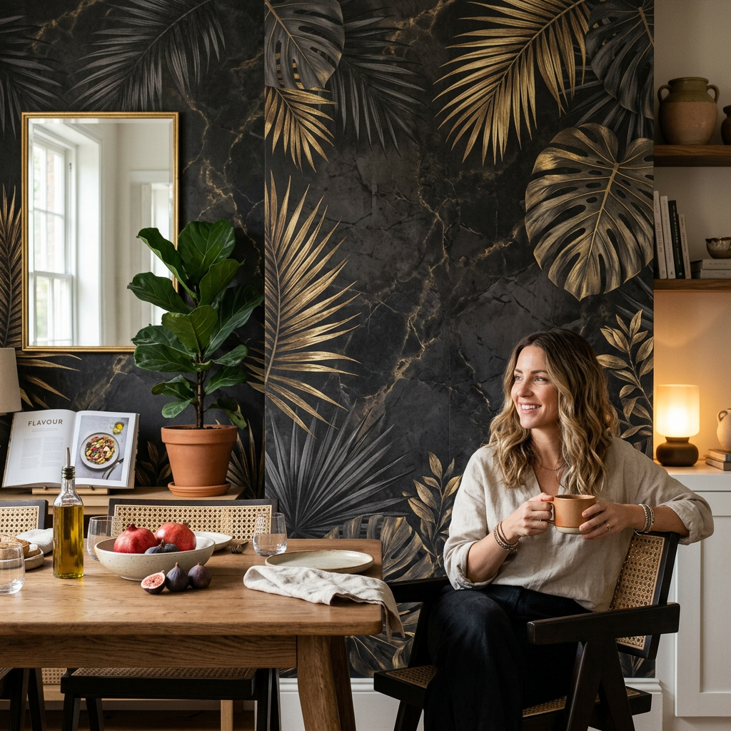 Charcoal Tropical Marble Wallpaper: Dark Elegance Trend