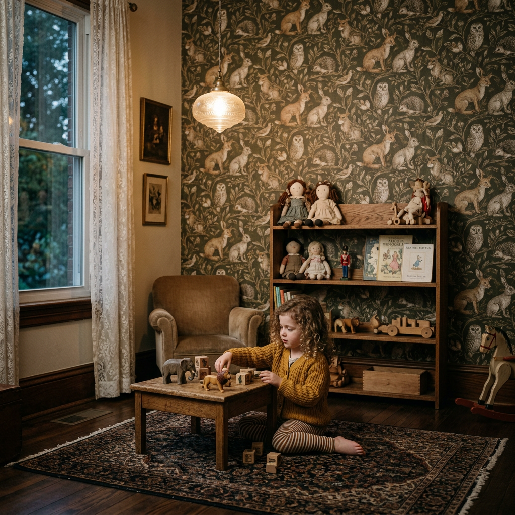 Moody Victorian Playroom Guide: Animal Motif Wallpaper