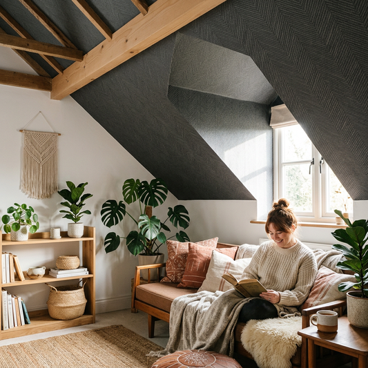 Styling Charcoal Herringbone Wallpaper on Boho Ceilings
