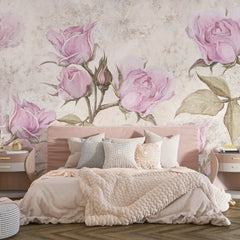 3002-A / Floral Peel and Stick Wallpaper - Pink Roses Mural, Vintage Mural for Wall Decor, Ideal for Bedroom and Bathroom - Artevella