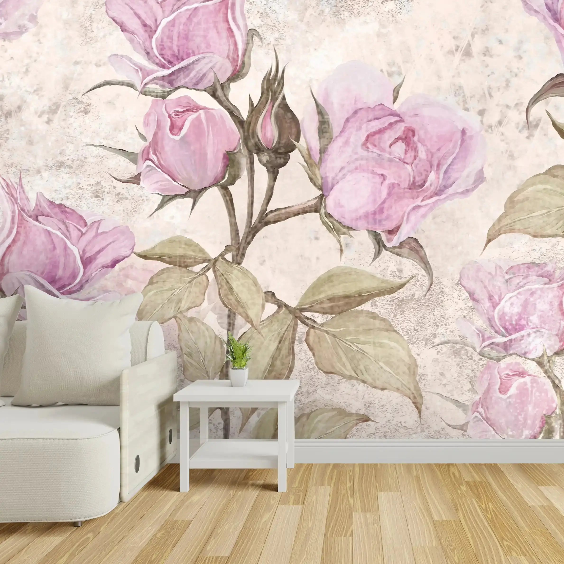 3002-A / Floral Peel and Stick Wallpaper - Pink Roses Mural, Vintage Mural for Wall Decor, Ideal for Bedroom and Bathroom - Artevella