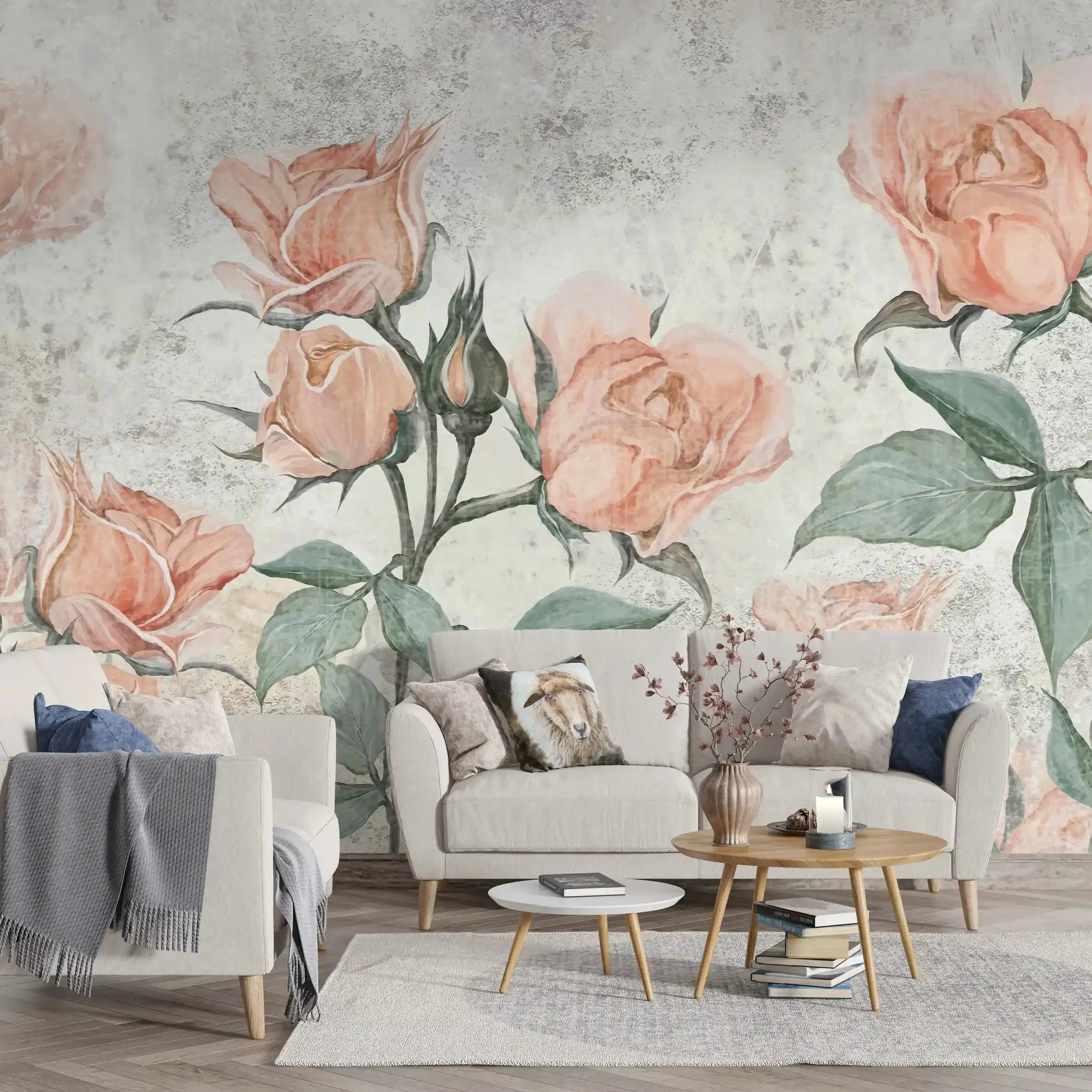 3002-B / Floral Peel and Stick Wallpaper - Orange Roses Mural, Vintage Mural for Wall Decor, Ideal for Bedroom and Bathroom - Artevella