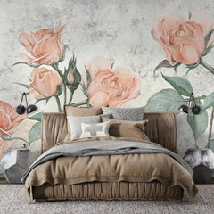 3002-B / Floral Peel and Stick Wallpaper - Orange Roses Mural, Vintage Mural for Wall Decor, Ideal for Bedroom and Bathroom - Artevella