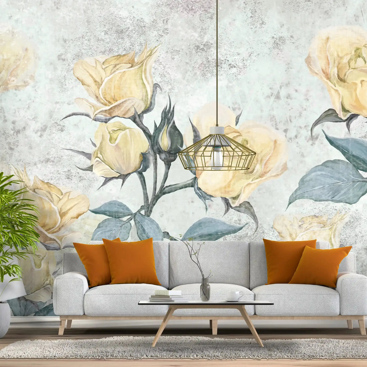 3002-C / Floral Peel and Stick Wallpaper - Yellow Roses Mural, Vintage Mural for Wall Decor, Ideal for Bedroom and Bathroom - Artevella