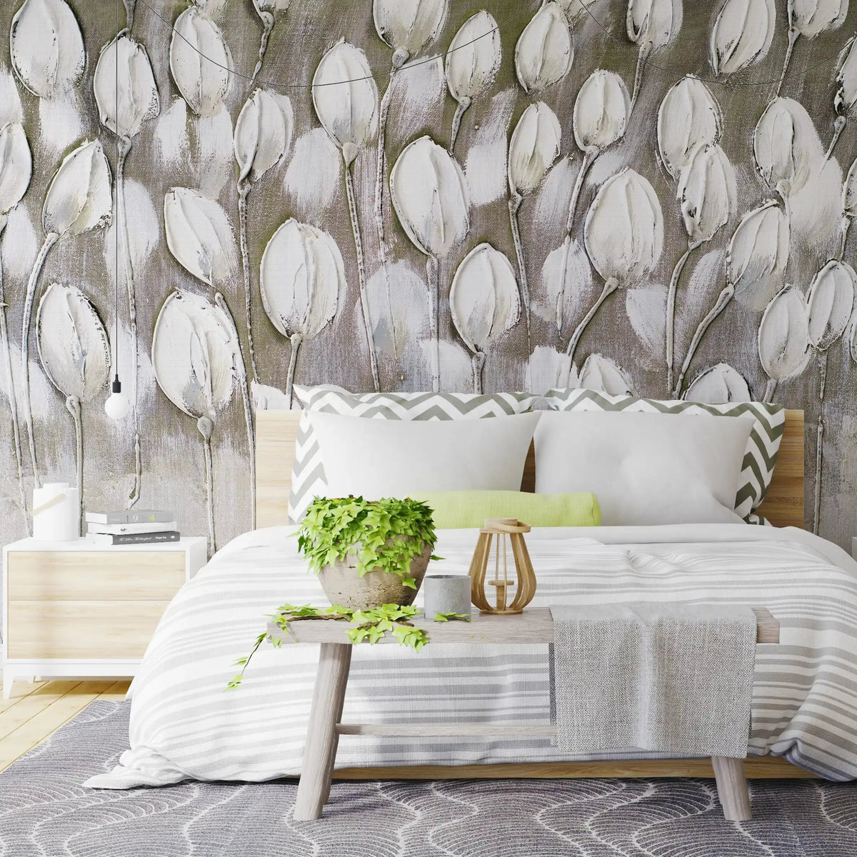 3008-B / Peel and Stick Wallpaper Floral: Silver and White Tulips Design, Perfect Wall Decor for Bathroom and Bedroom - Artevella