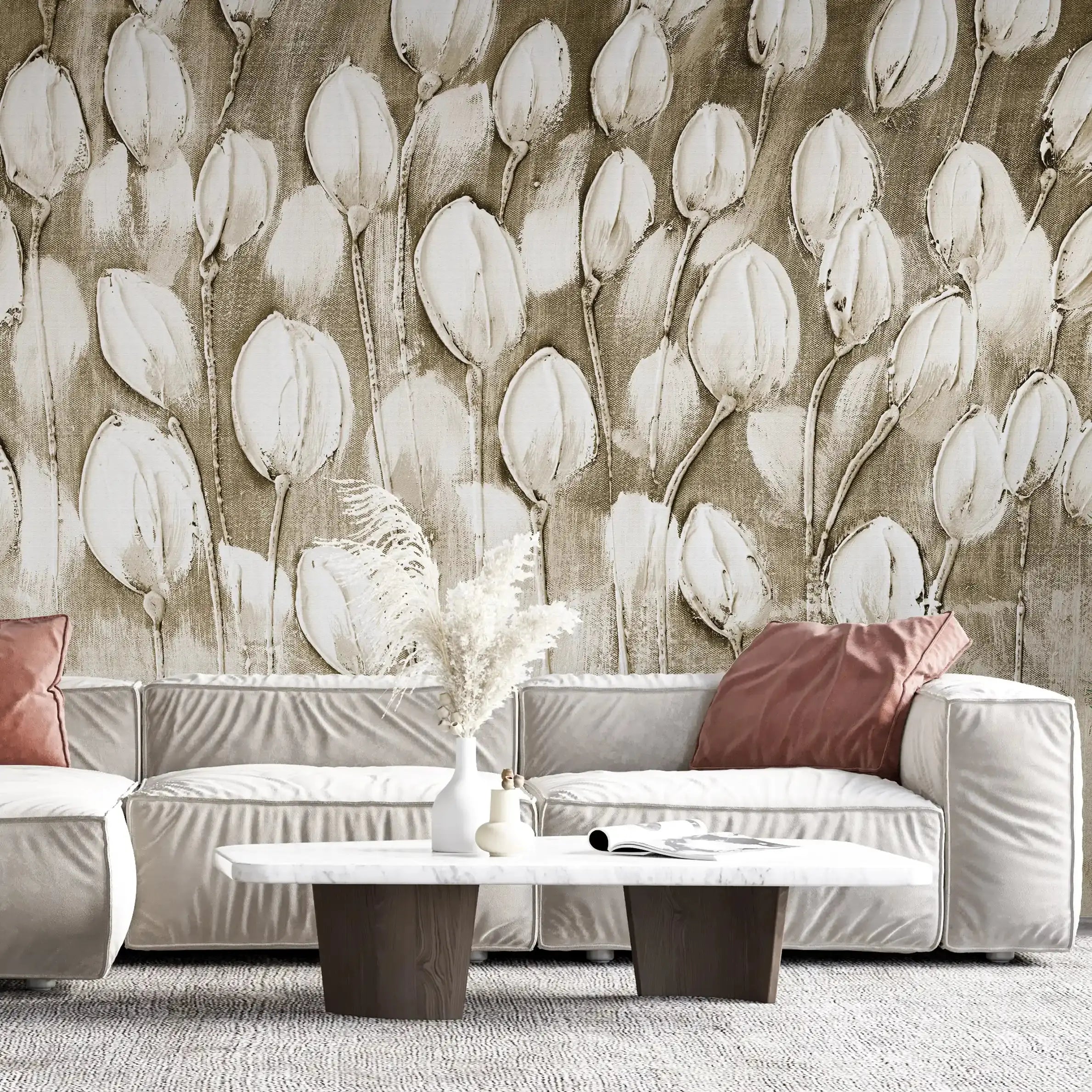 3008-D / Peel and Stick Wallpaper Floral: Silver and White Tulips Design, Perfect Wall Decor for Bathroom and Bedroom - Artevella