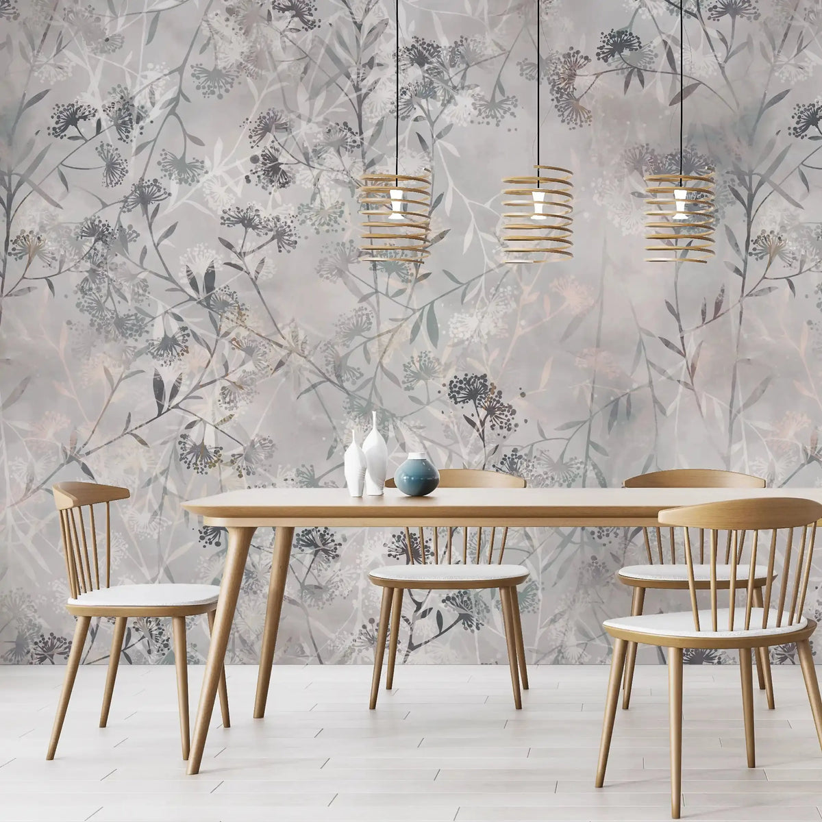 3009-D / Wild Floral Wall Mural - Grey Patterned Peel and Stick Wallpaper for Bedroom and Bathroom - Artevella