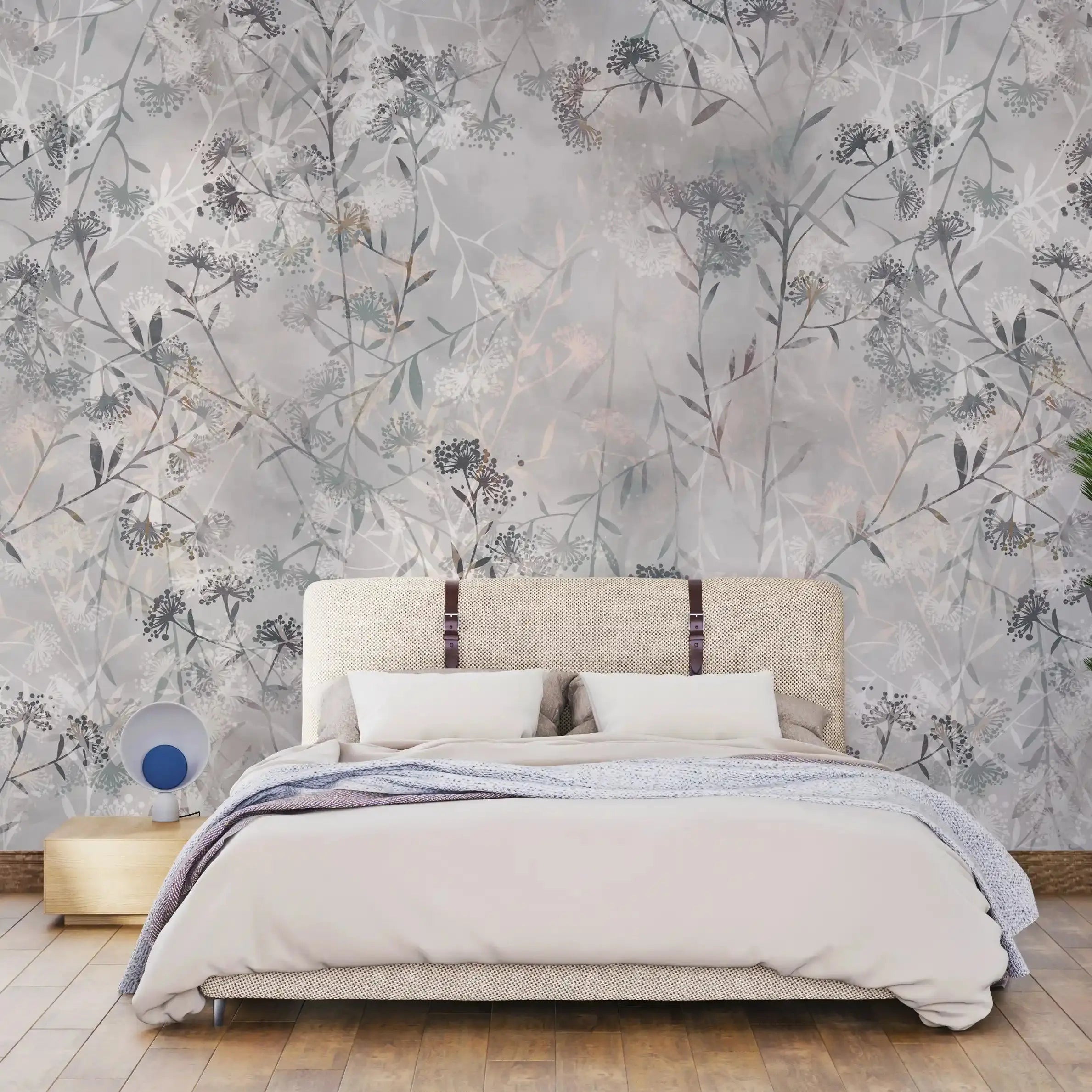 3009-D / Wild Floral Wall Mural - Grey Patterned Peel and Stick Wallpaper for Bedroom and Bathroom - Artevella