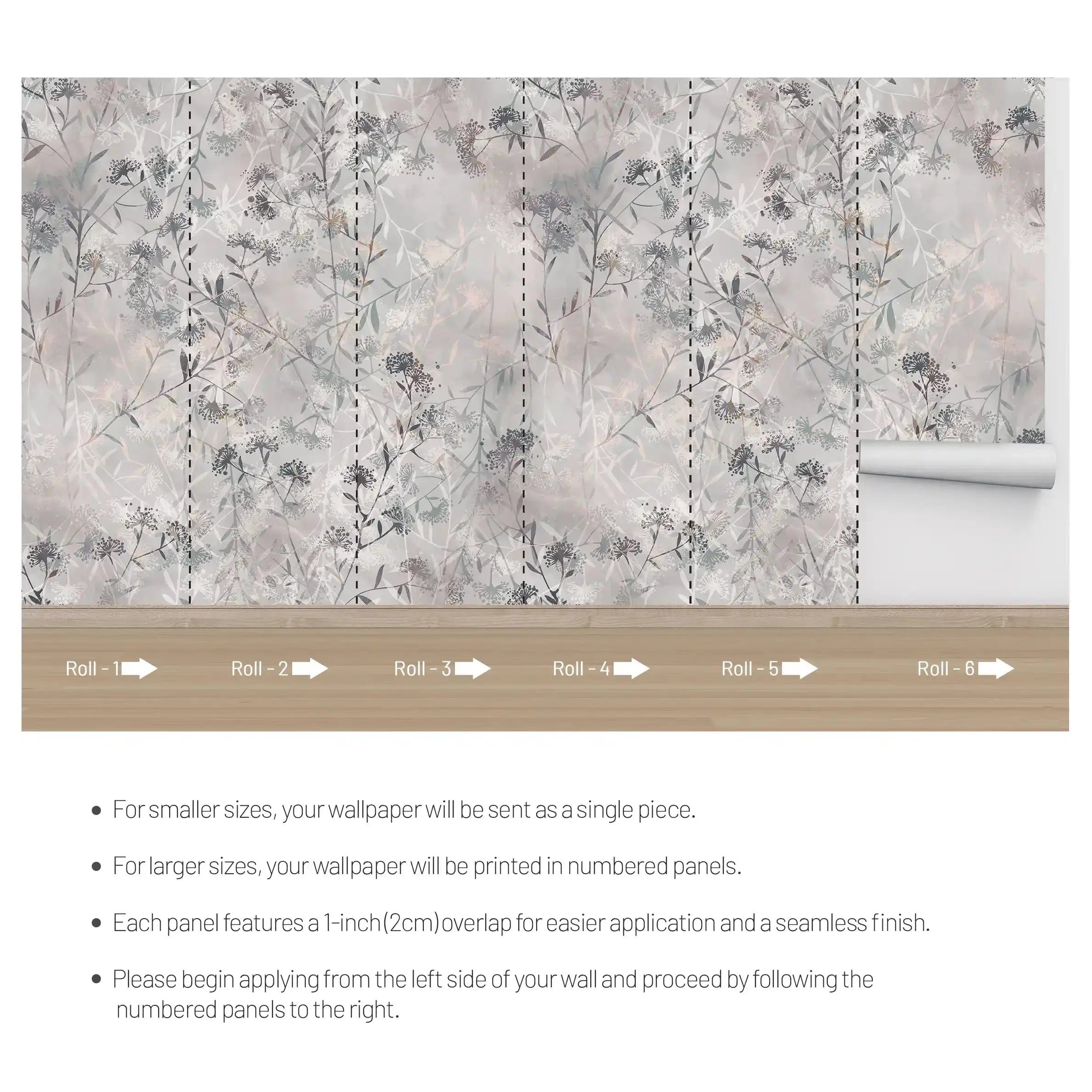 3009-D / Wild Floral Wall Mural - Grey Patterned Peel and Stick Wallpaper for Bedroom and Bathroom - Artevella