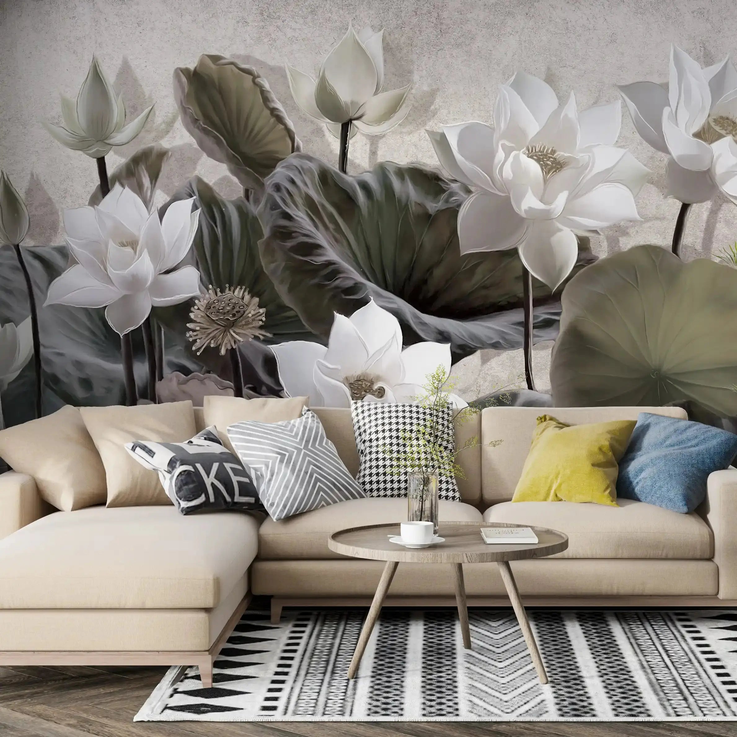 3019-B / Botanical Wallpaper: Self-Adhesive Lotus Blossom, Modern Room Decor for Easy Peel and Stick Installations - Artevella