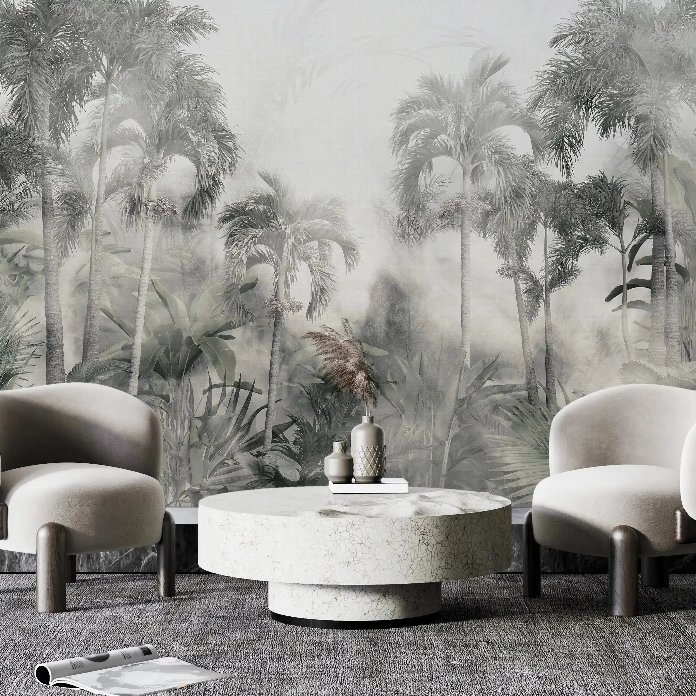3029-A / Temporary Wallpaper: Tropical Jungle in Foggy Watercolor, Peel and Stick for Renters and DIY Deco - Artevella
