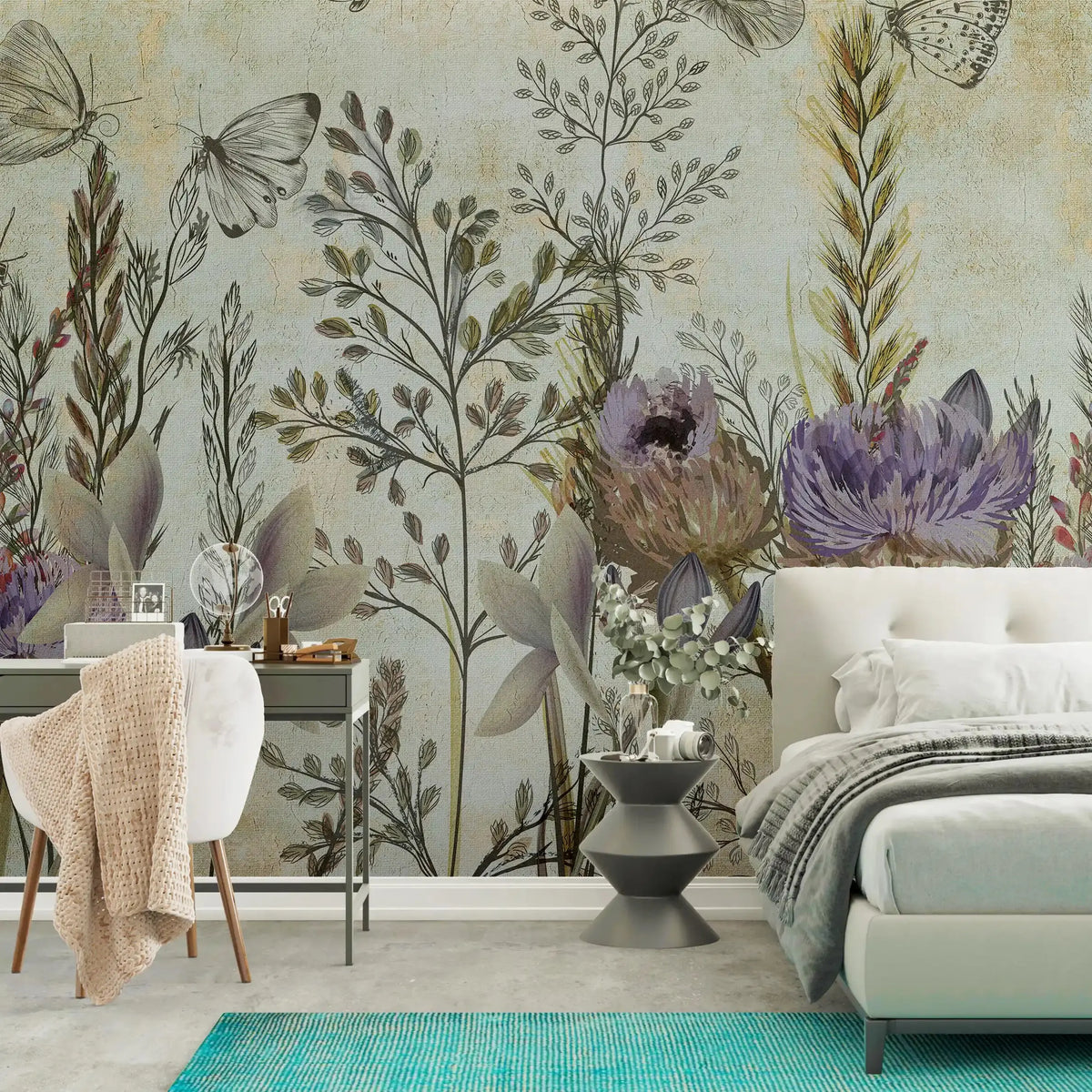 3044-A / Modern Tropical Wallpaper - Peel and Stick, Removable Botanical Design with Muted Whimsy Flowers, Ideal for Bedroom, Bathroom & Kitchen Wall Decor - Artevella