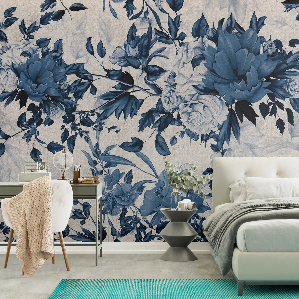 3045-D / Peel and Stick Wallpaper Floral - Large Blue Flowers Design, Adhesive Decorative Paper for Bedroom, Kitchen, and Bathroom - Artevella