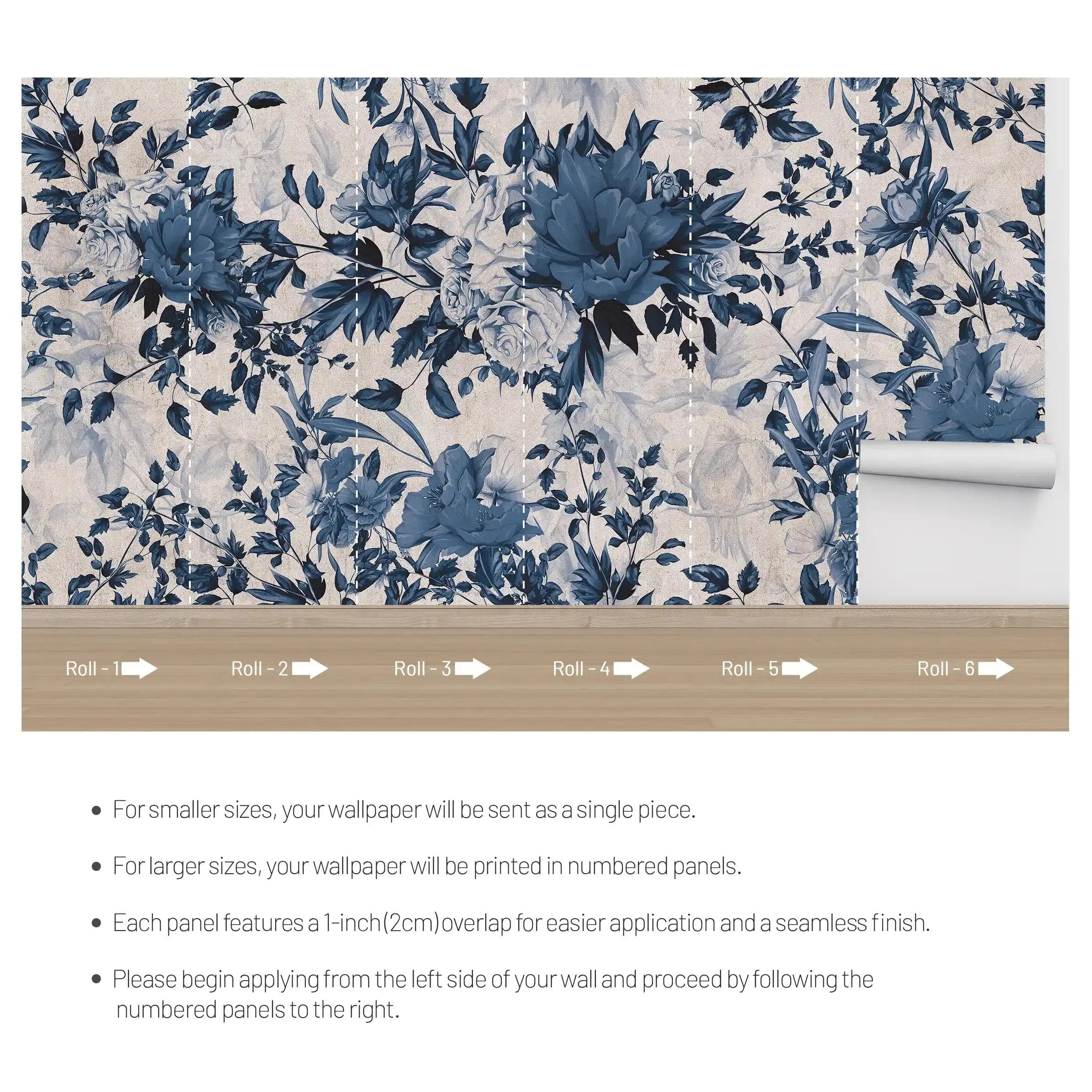 3045-D / Peel and Stick Wallpaper Floral - Large Blue Flowers Design, Adhesive Decorative Paper for Bedroom, Kitchen, and Bathroom - Artevella