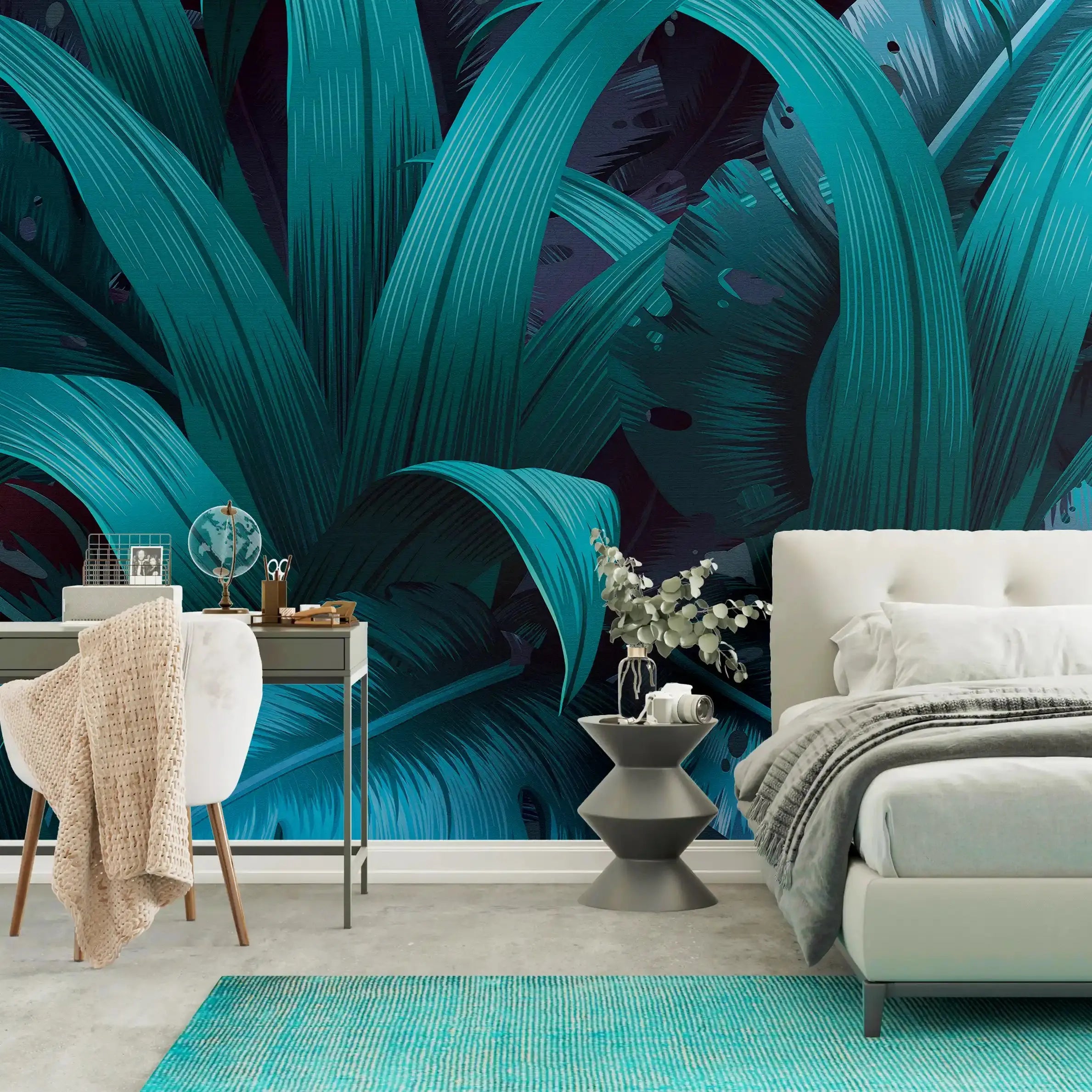 3049-C / Turquoise Jungle Peel and Stick Mural - Temporary Wallpaper, Tropical Rainforest, Easy Install Wallpaper for Wall Decor, DIY Decor, and Room Decor - Artevella