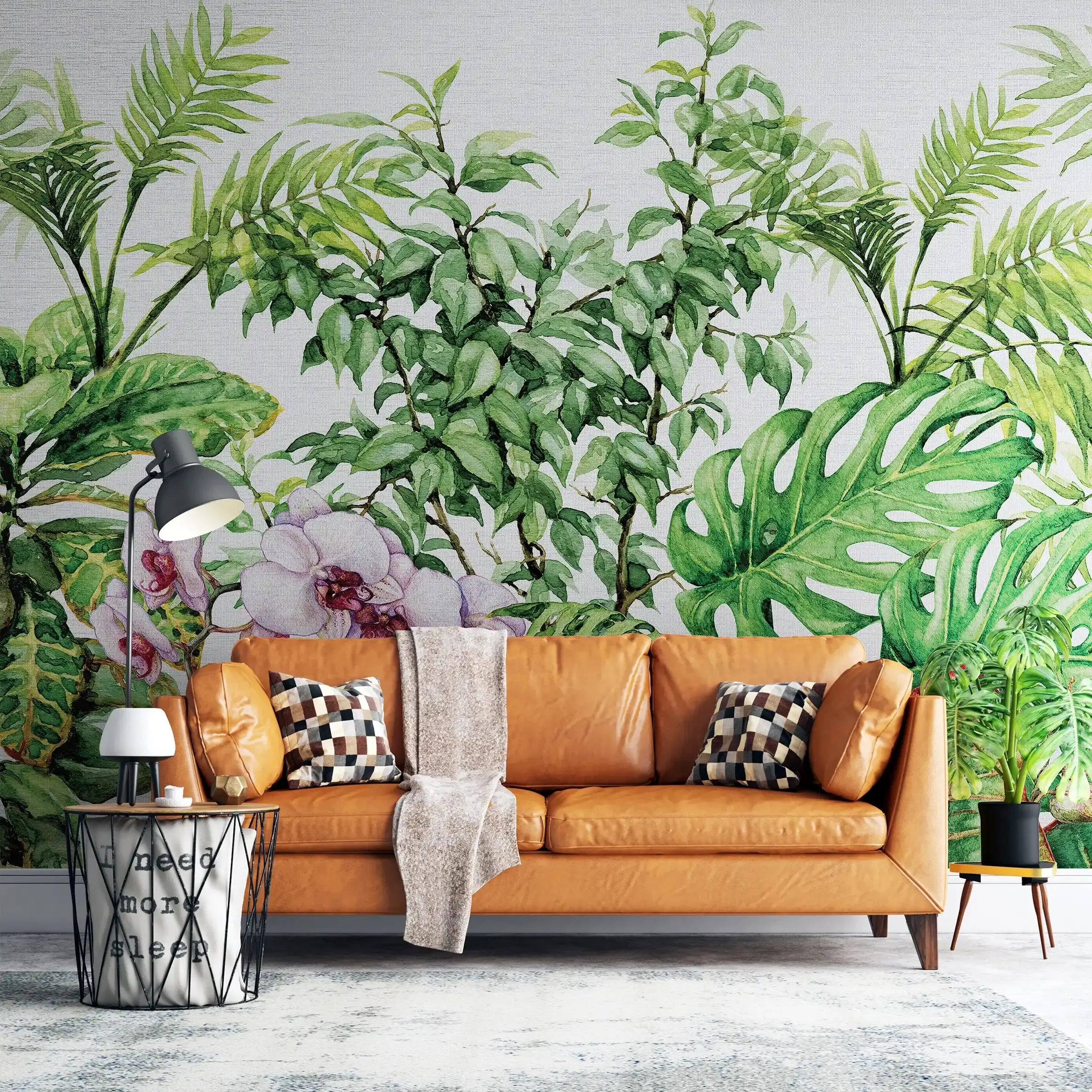 3052-A / Botanical Peel and Stick Wallpaper - Tropical, Green Watercolor Plant Design, Easy Install, Removable Wallpaper for Bathroom & Bedroom Decor - Artevella