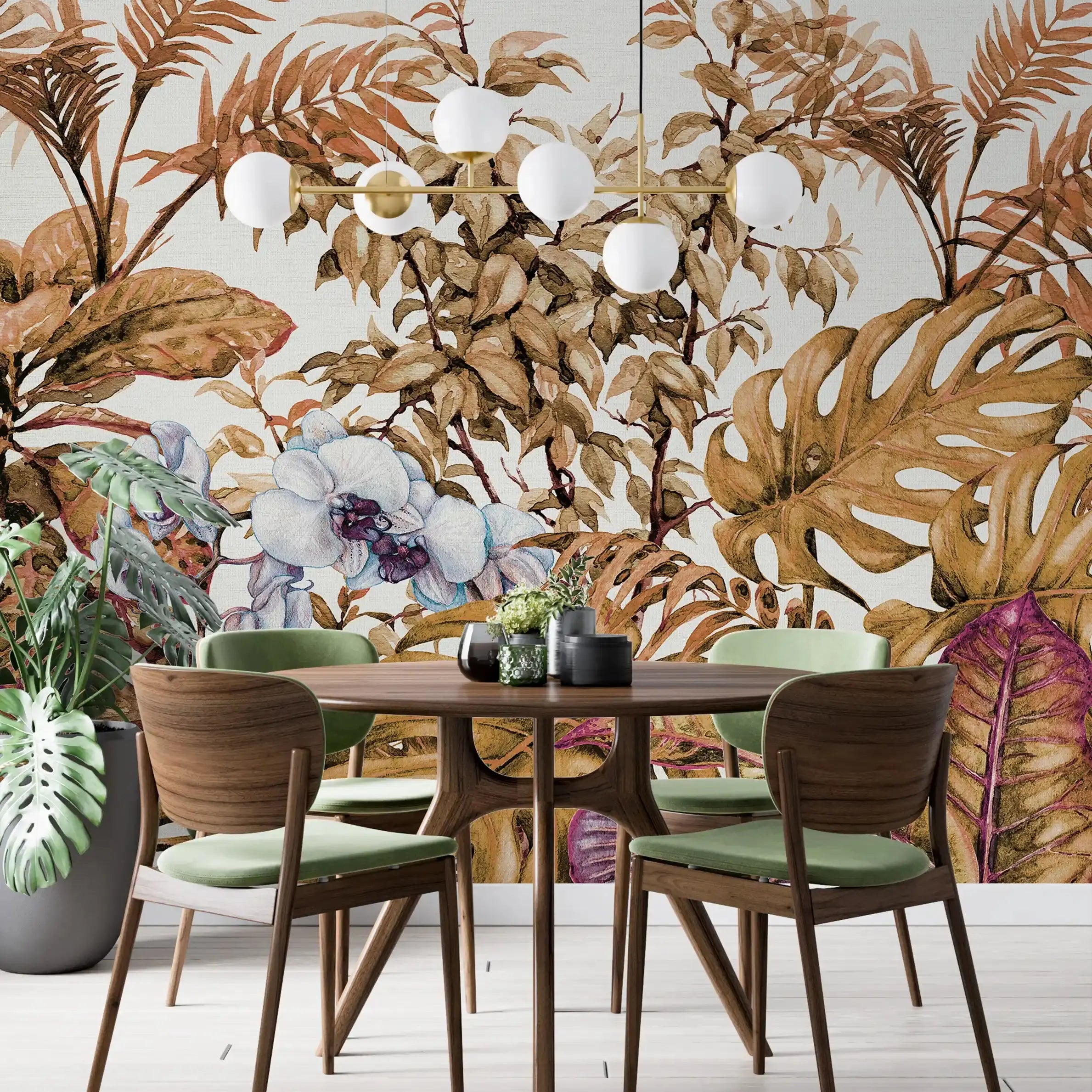 3052-B / Botanical Peel and Stick Wallpaper - Tropical, Brown Watercolor Plant Design, Easy Install, Removable Wallpaper for Bathroom & Bedroom Decor - Artevella