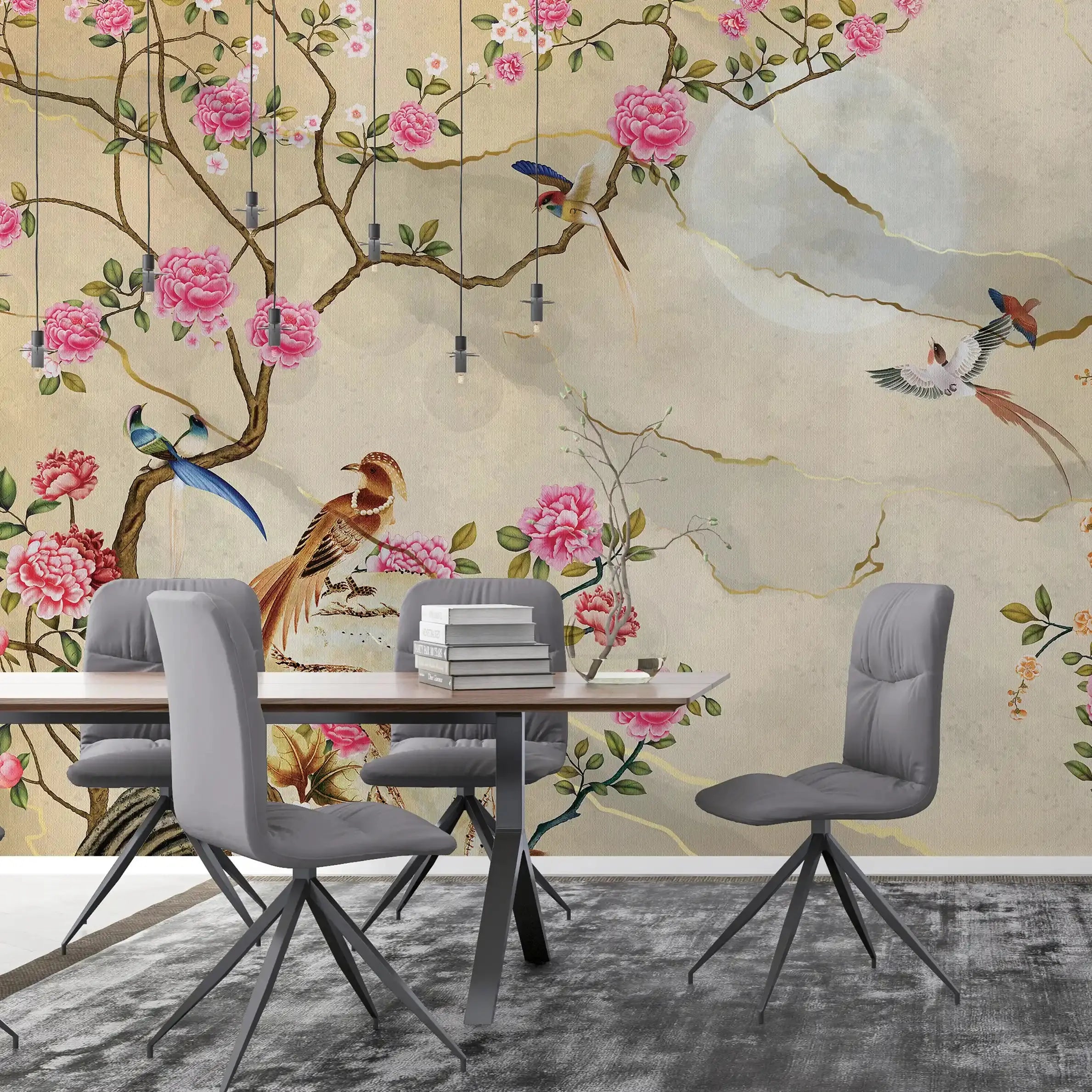 3055-A / Removable Wallpaper Peel and Stick - Chinese Painting, Vintage Floral Mural, Birds Natural Design, Easy Install, Boho Style - Artevella