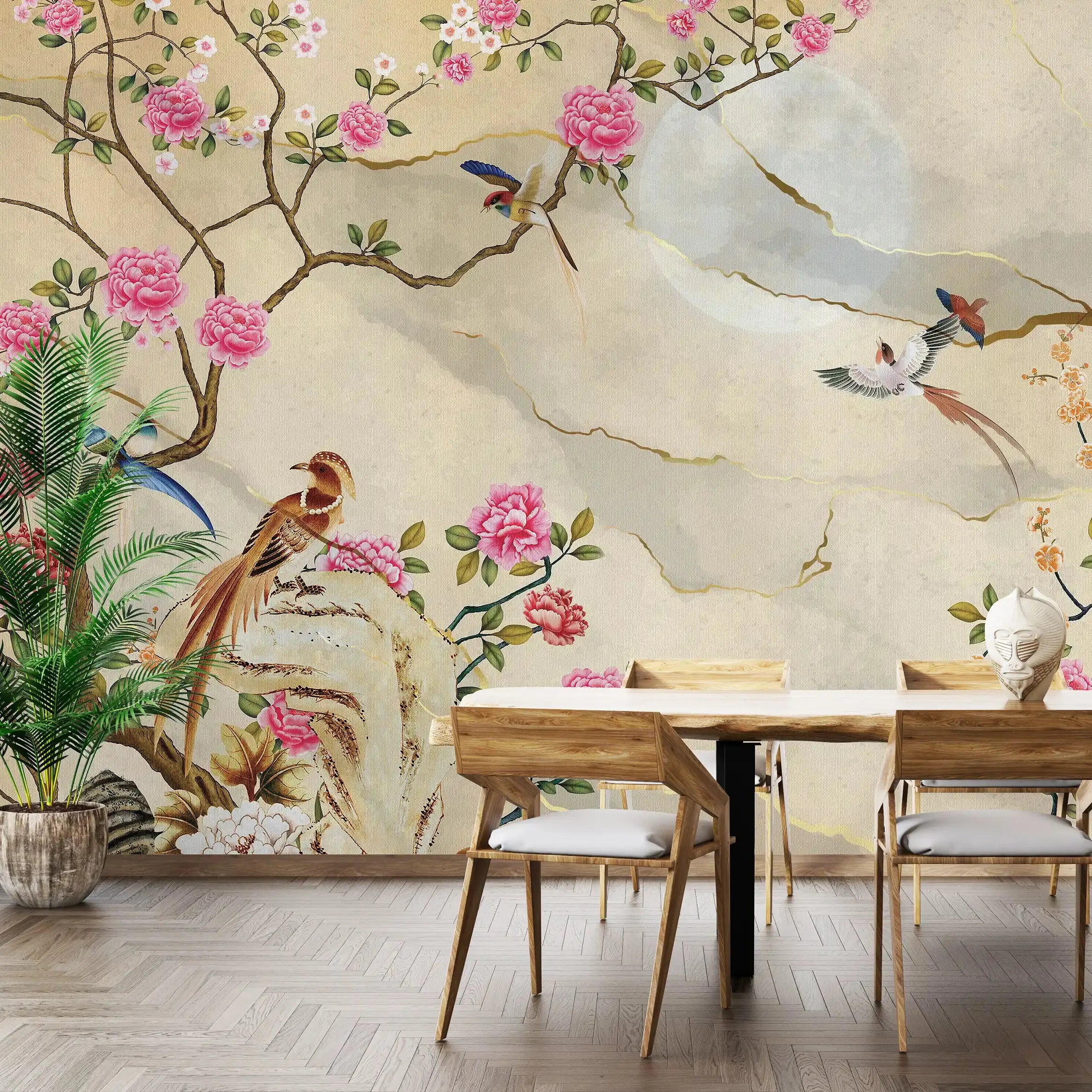 3055-A / Removable Wallpaper Peel and Stick - Chinese Painting, Vintage Floral Mural, Birds Natural Design, Easy Install, Boho Style - Artevella