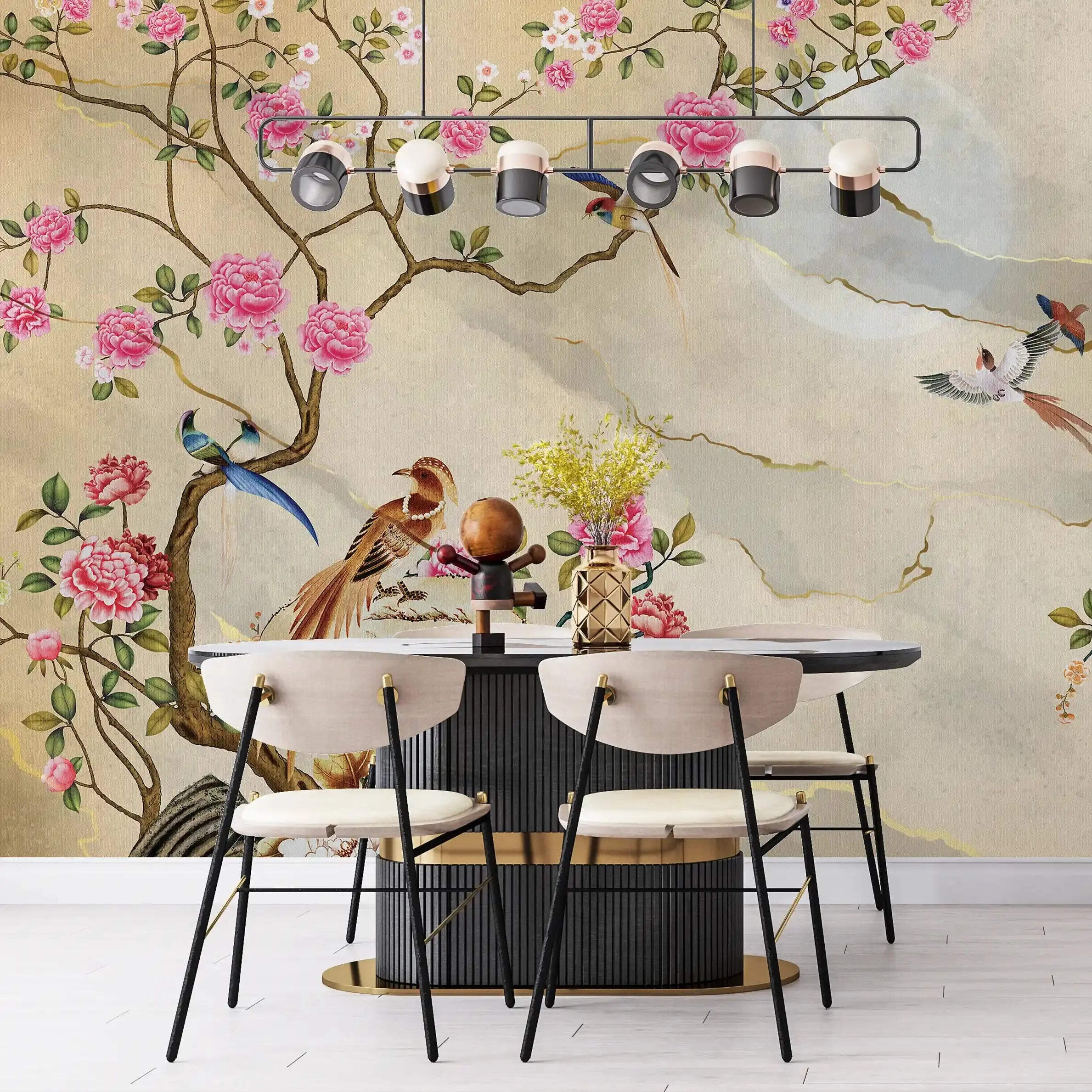 3055-A / Removable Wallpaper Peel and Stick - Chinese Painting, Vintage Floral Mural, Birds Natural Design, Easy Install, Boho Style - Artevella