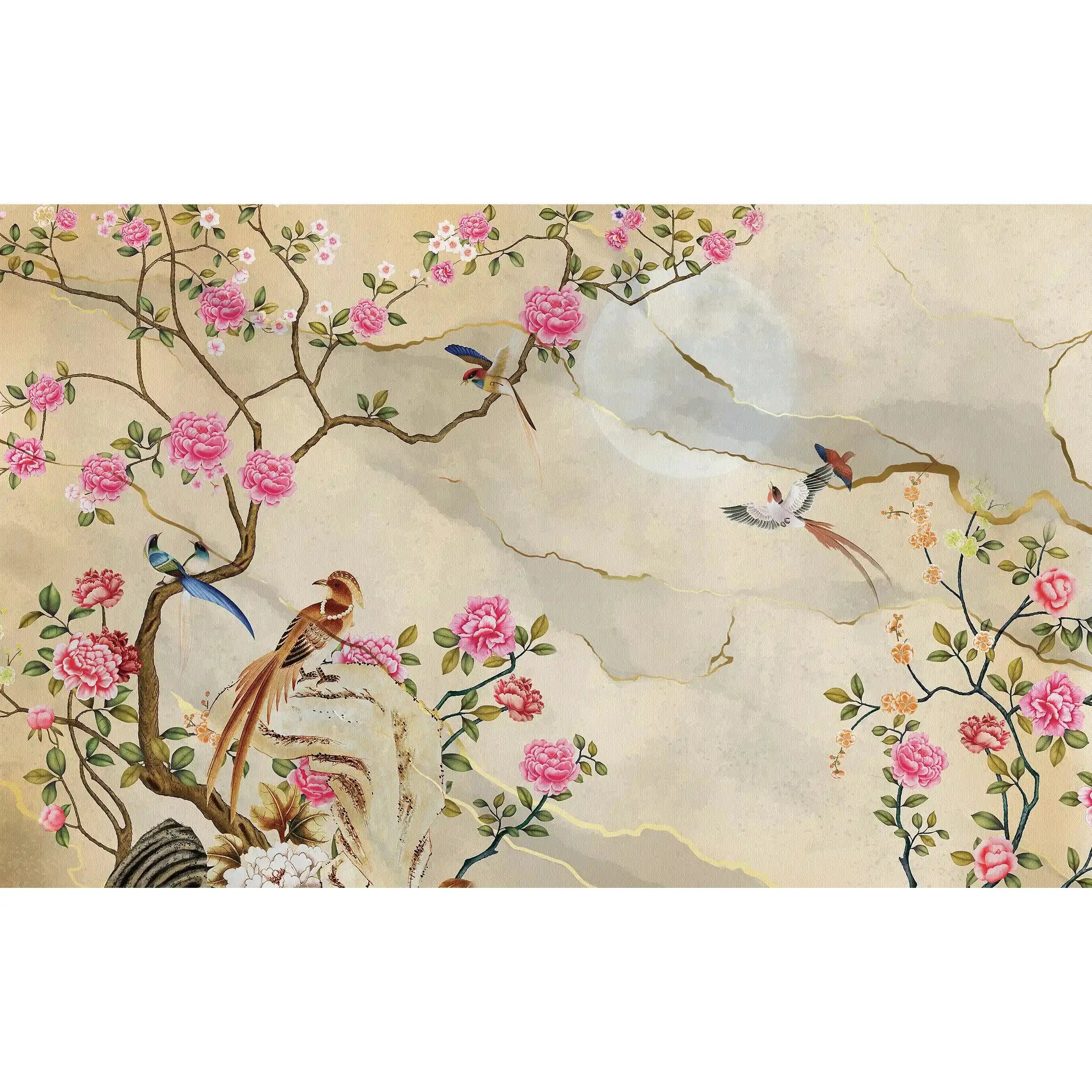 3055-A / Removable Wallpaper Peel and Stick - Chinese Painting, Vintage Floral Mural, Birds Natural Design, Easy Install, Boho Style - Artevella