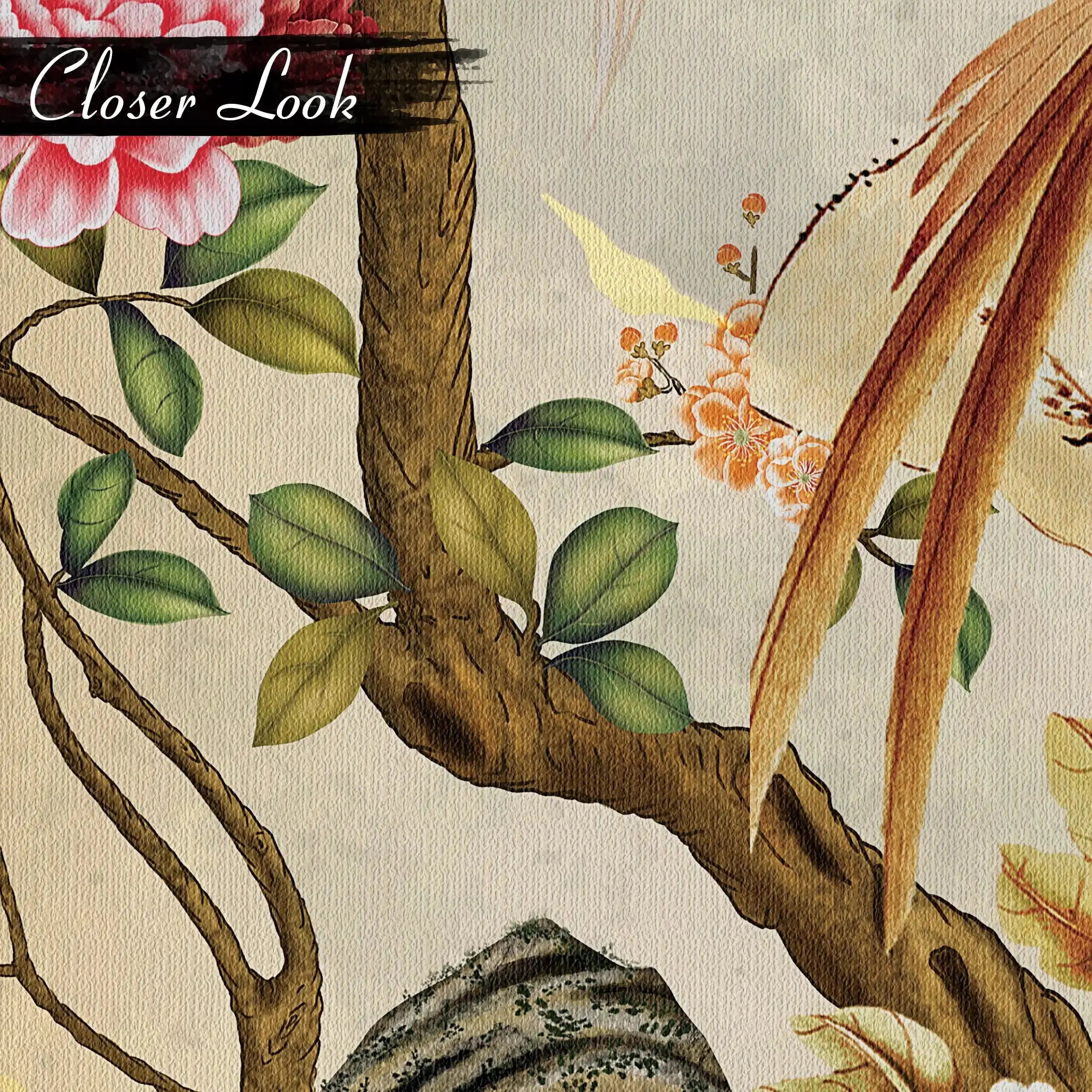 3055-A / Removable Wallpaper Peel and Stick - Chinese Painting, Vintage Floral Mural, Birds Natural Design, Easy Install, Boho Style - Artevella