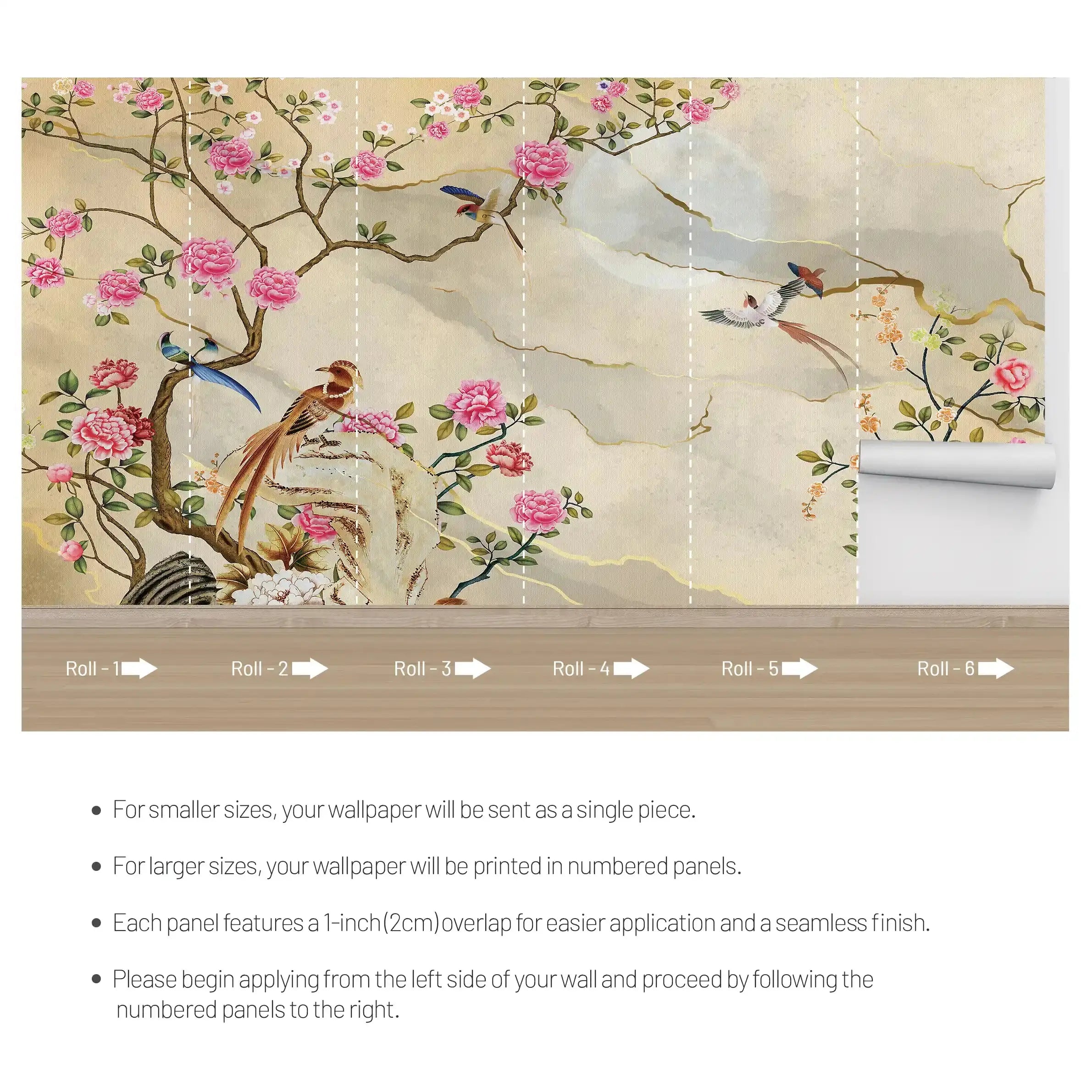 3055-A / Removable Wallpaper Peel and Stick - Chinese Painting, Vintage Floral Mural, Birds Natural Design, Easy Install, Boho Style - Artevella