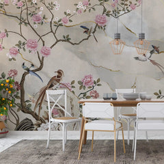 3055-B / Removable Wallpaper Peel and Stick - Chinese Painting, Vintage Floral Mural, Birds Natural Design, Easy Install, Boho Style - Artevella