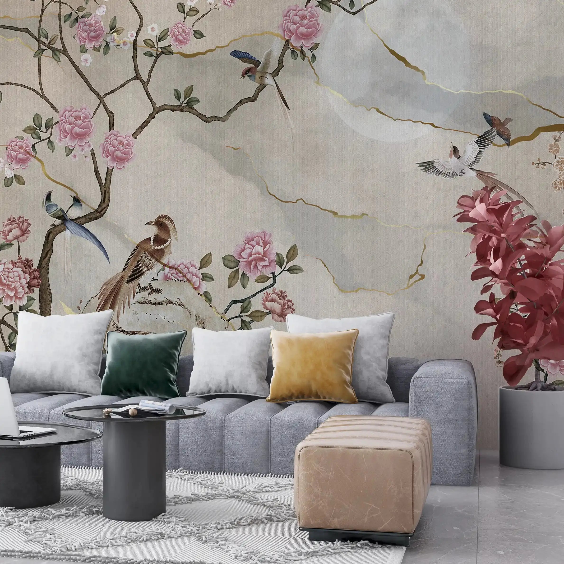 3055-B / Removable Wallpaper Peel and Stick - Chinese Painting, Vintage Floral Mural, Birds Natural Design, Easy Install, Boho Style - Artevella