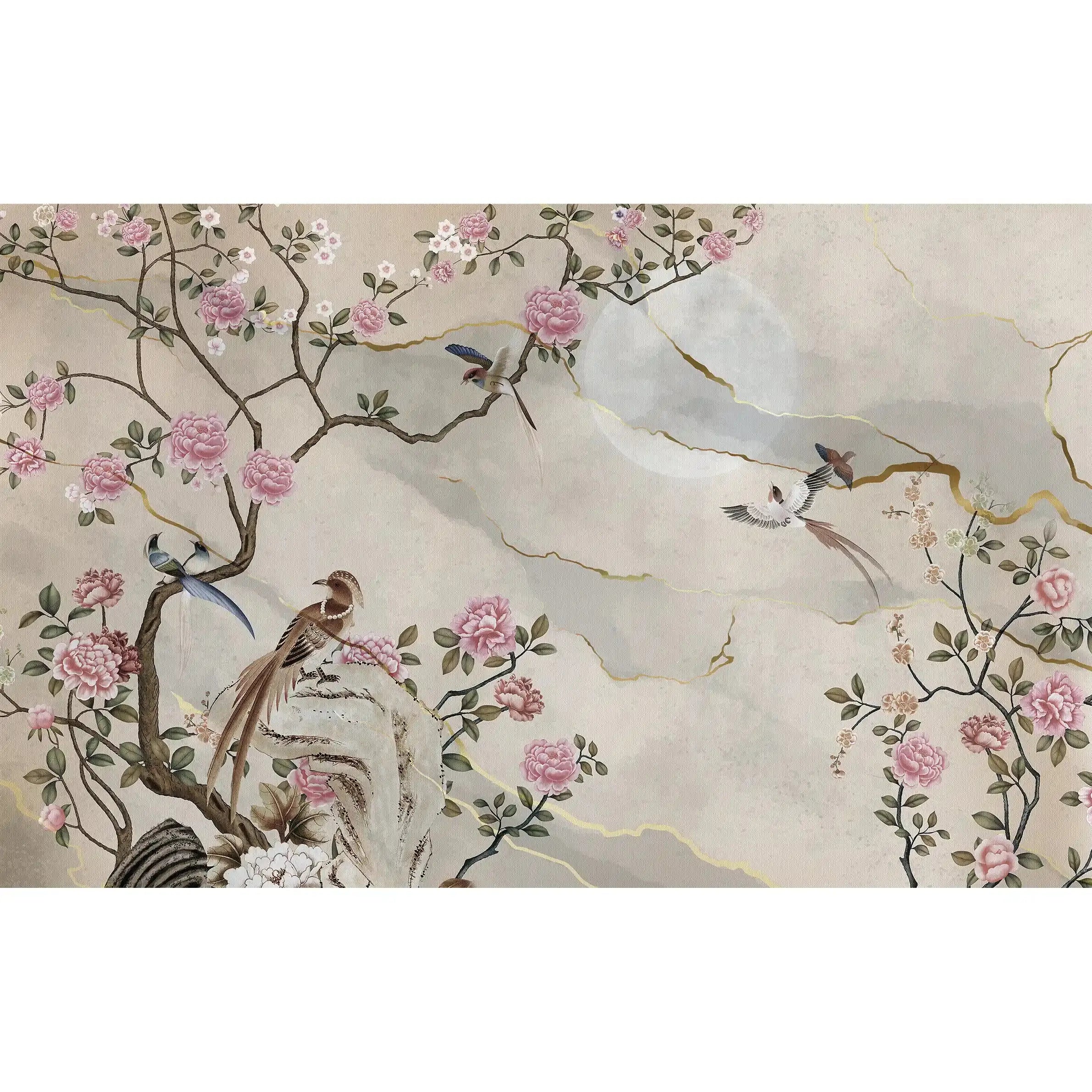 3055-B / Removable Wallpaper Peel and Stick - Chinese Painting, Vintage Floral Mural, Birds Natural Design, Easy Install, Boho Style - Artevella