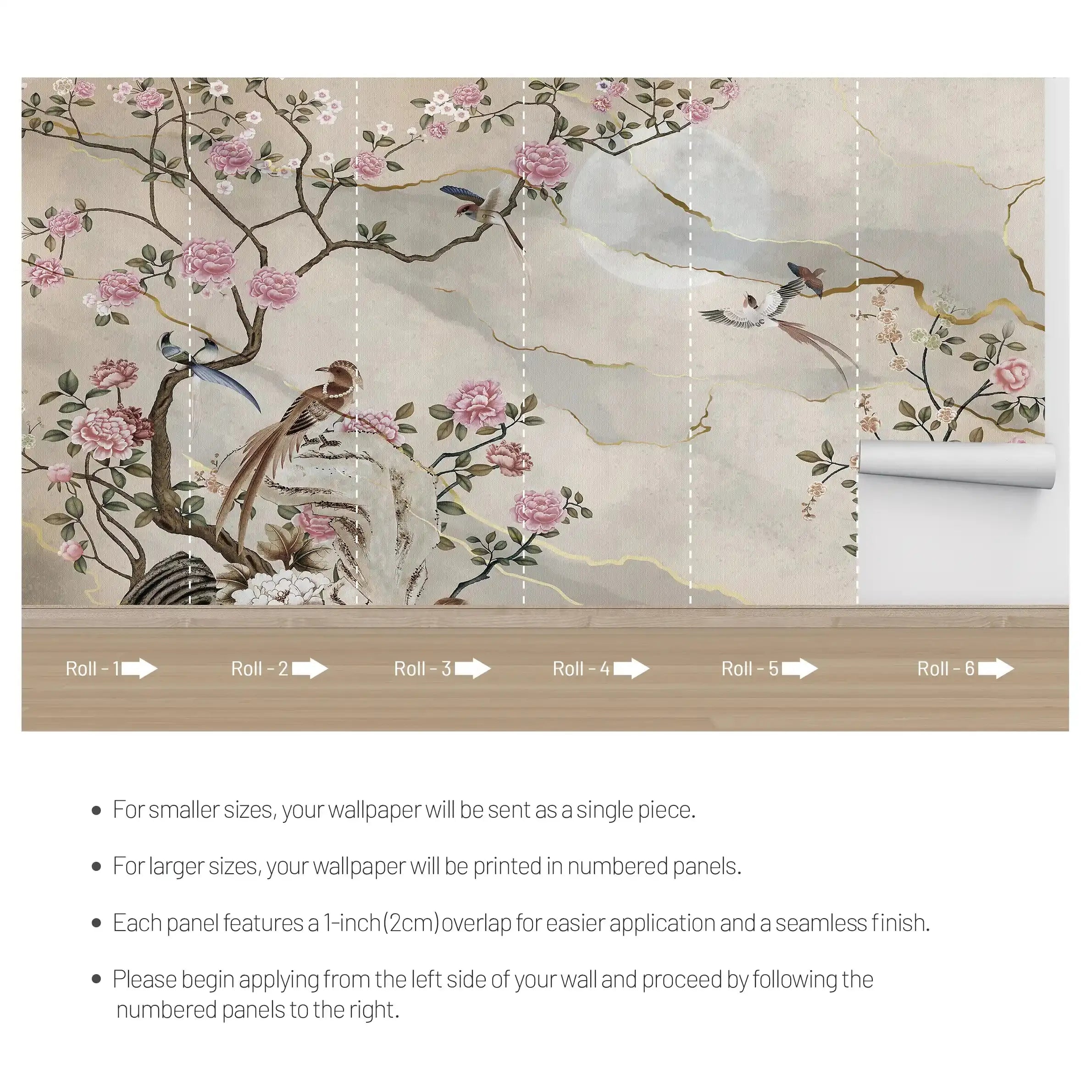 3055-B / Removable Wallpaper Peel and Stick - Chinese Painting, Vintage Floral Mural, Birds Natural Design, Easy Install, Boho Style - Artevella