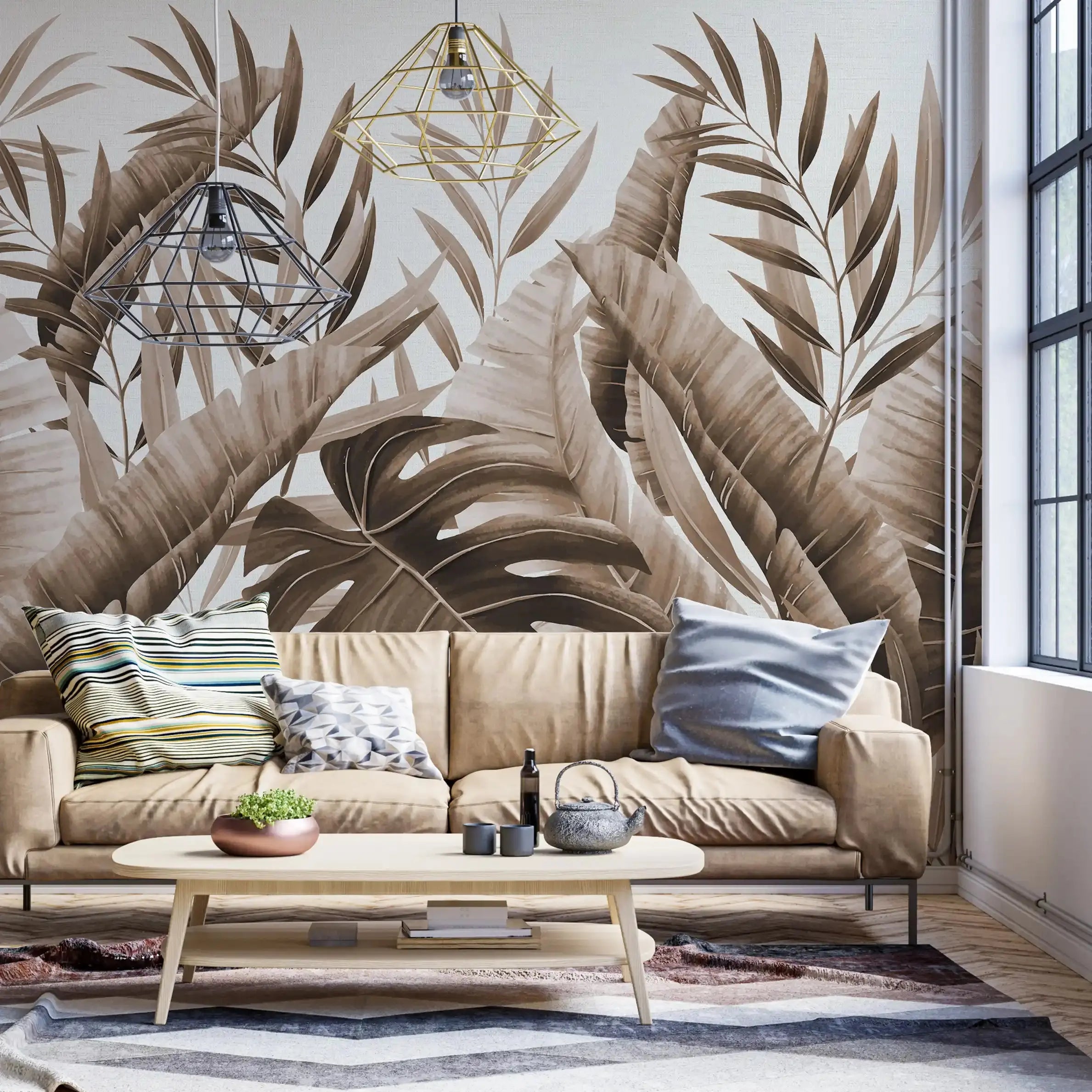 3056-D / Modern Wallpaper Peel and Stick - Exotic Tropical Plants and Palm Leaves Mural, Ideal for DIY Decor and Room Transformation - Artevella