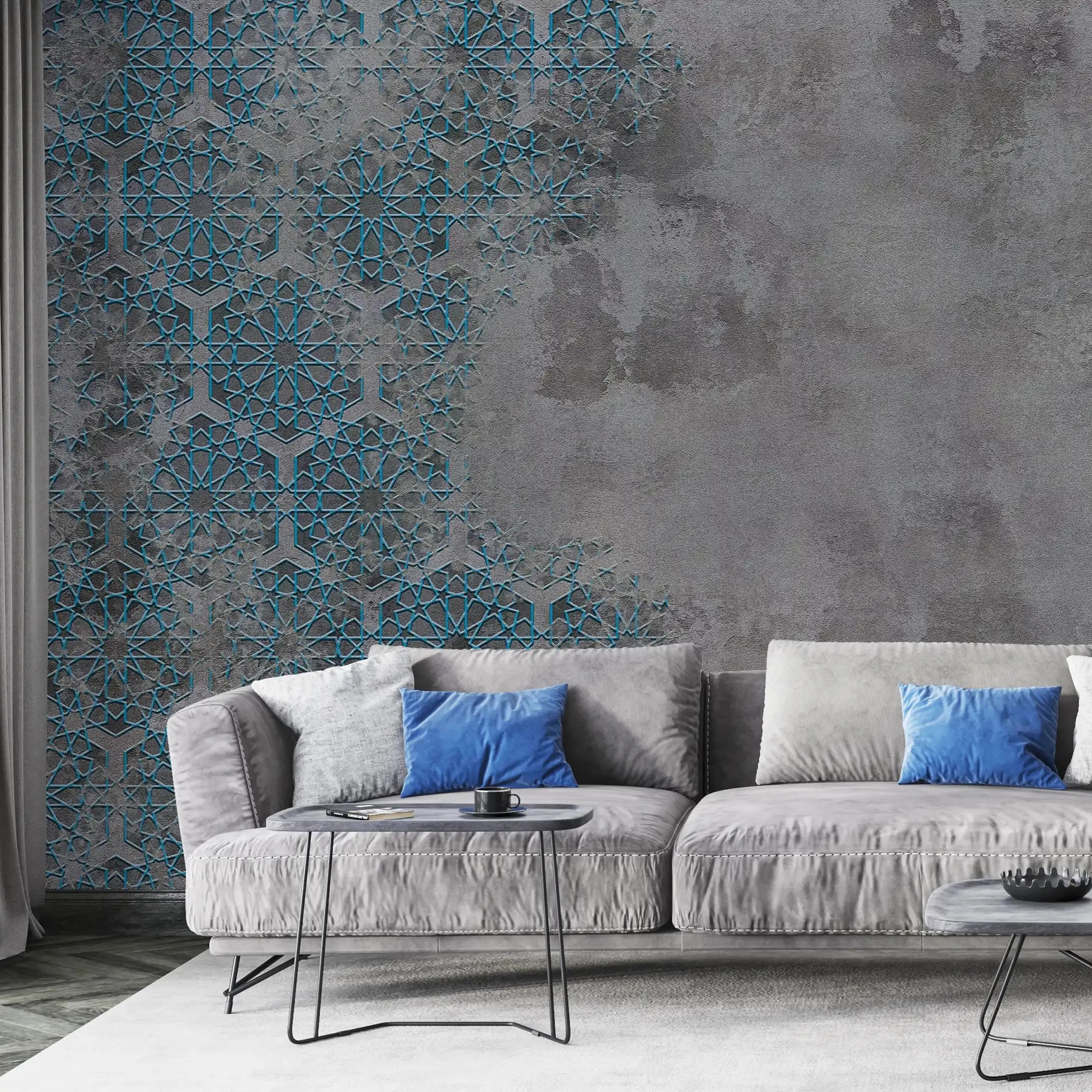 3068-C / Elegant Floral Abstract Peel and Stick Wallpaper with Blue Border - Perfect for Modern Room Deco - Artevella