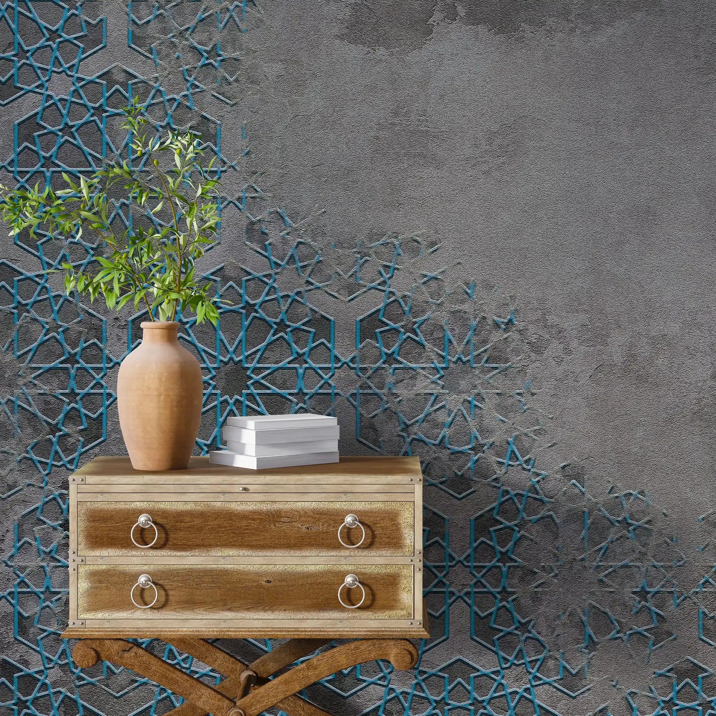 3068-C / Elegant Floral Abstract Peel and Stick Wallpaper with Blue Border - Perfect for Modern Room Deco - Artevella