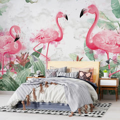 3069-A / Tropical Peel & Stick Wallpaper – Vibrant Pink Flamingo and Leaf Design for DIY Home Decor - Artevella