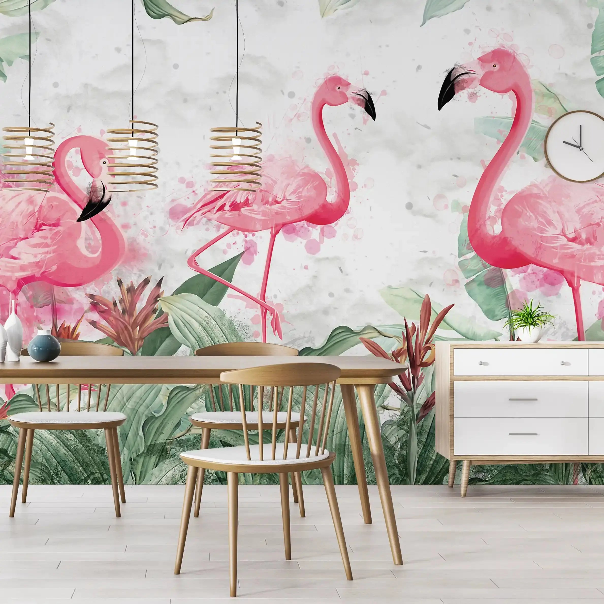 3069-A / Tropical Peel & Stick Wallpaper – Vibrant Pink Flamingo and Leaf Design for DIY Home Decor - Artevella